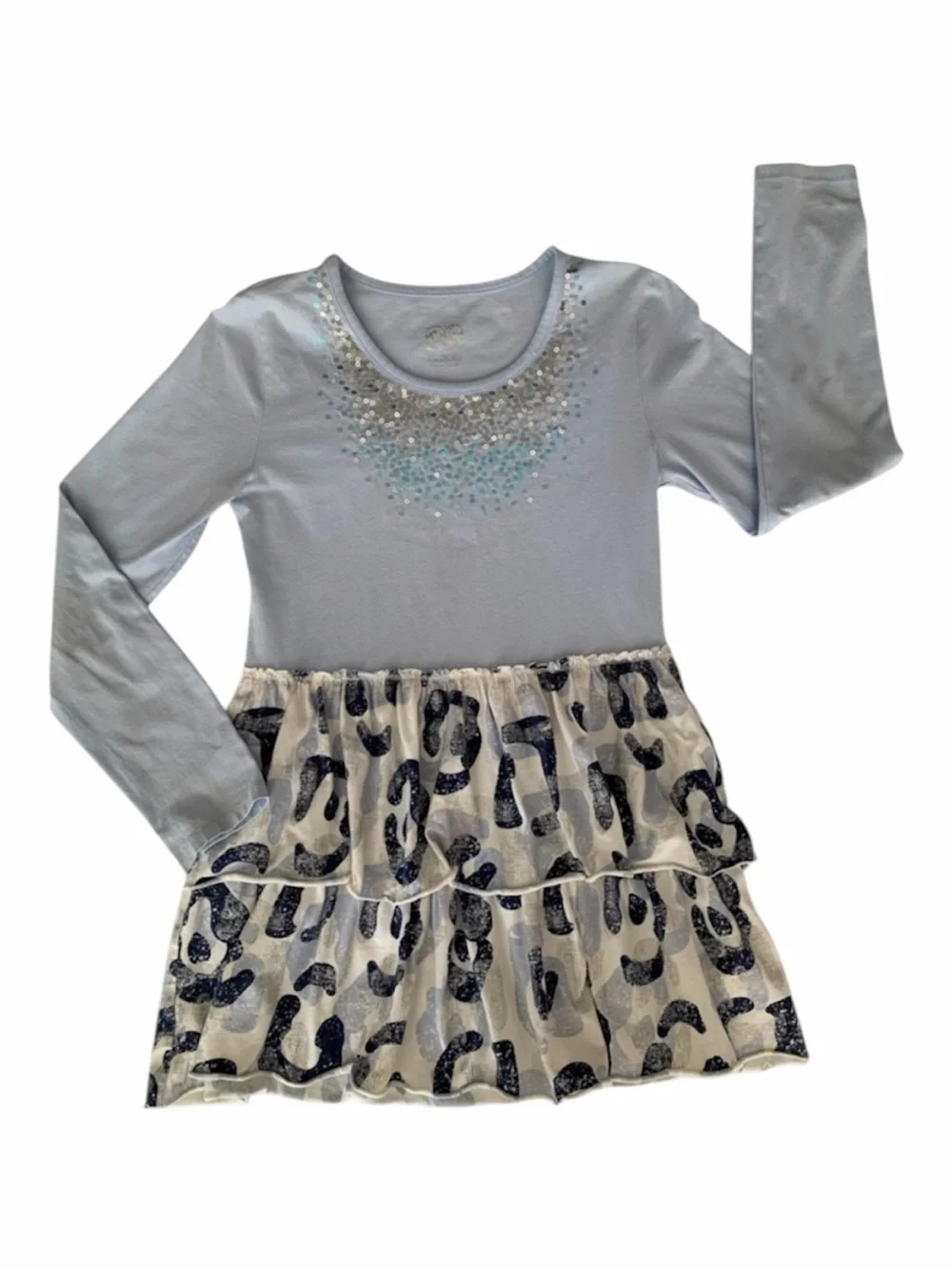 Justice Y2K Shirt Girls 12 Blue Sequin Long Sleeves Leopard Scoop Neck Ruffles